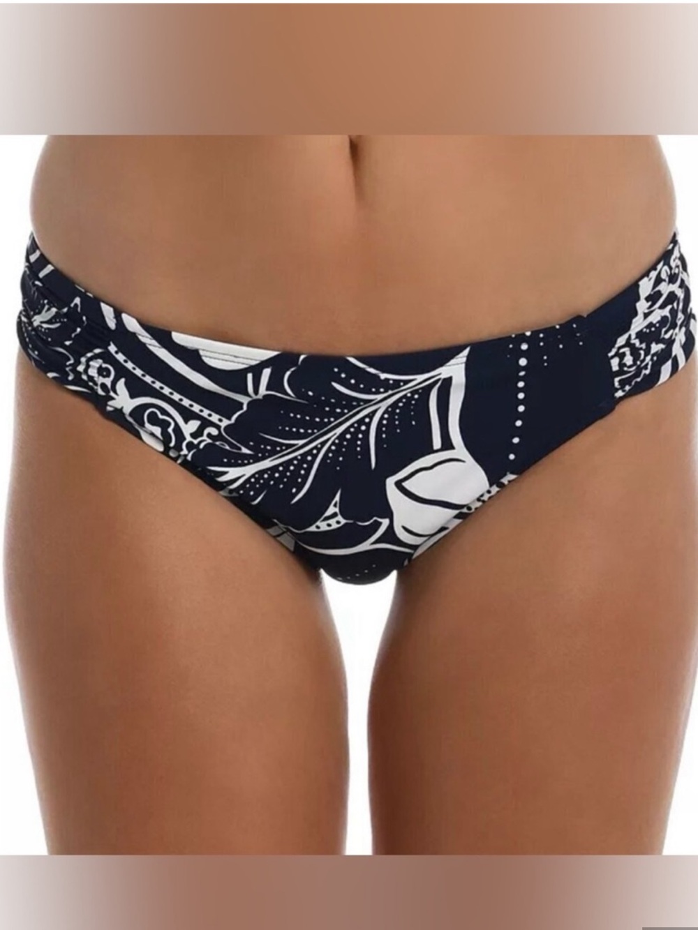 La Blanca Navy & Creamy White Floral Swim Bikini Bottom New Size 12 Ruched Sides